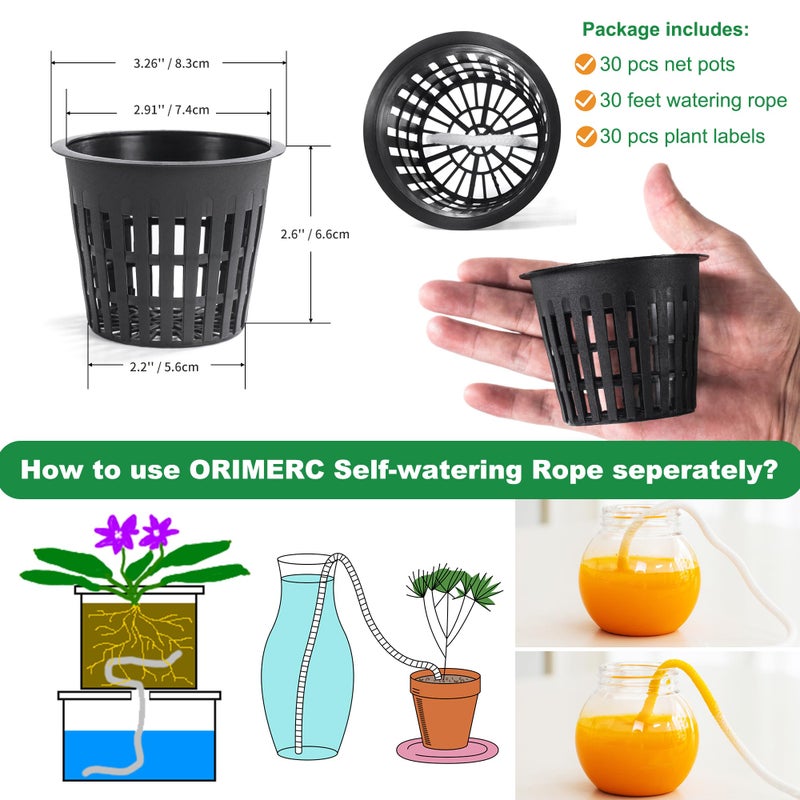 ORIMERC 30 Pack 3 inch Net Cup Pots with 30 feet Hydroponic Self Watering Wick & 30 Plant Labels Aquaponics Mason Jar Bucket Insert Orchid kratky Vegetable Gardening Growing Netted Basket Slotted Mesh - Image 2